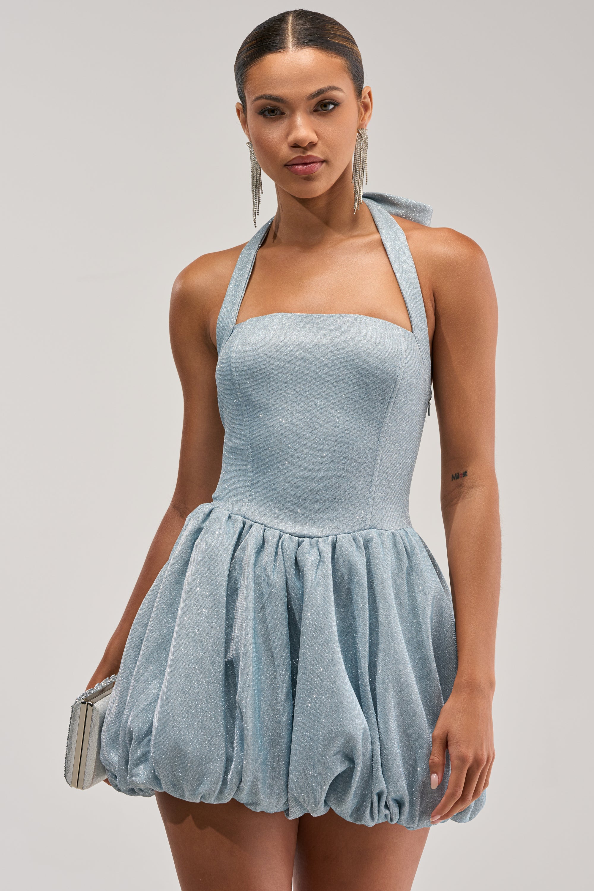 GLISTEN UP SHIMMER HALTER MINI DRESS