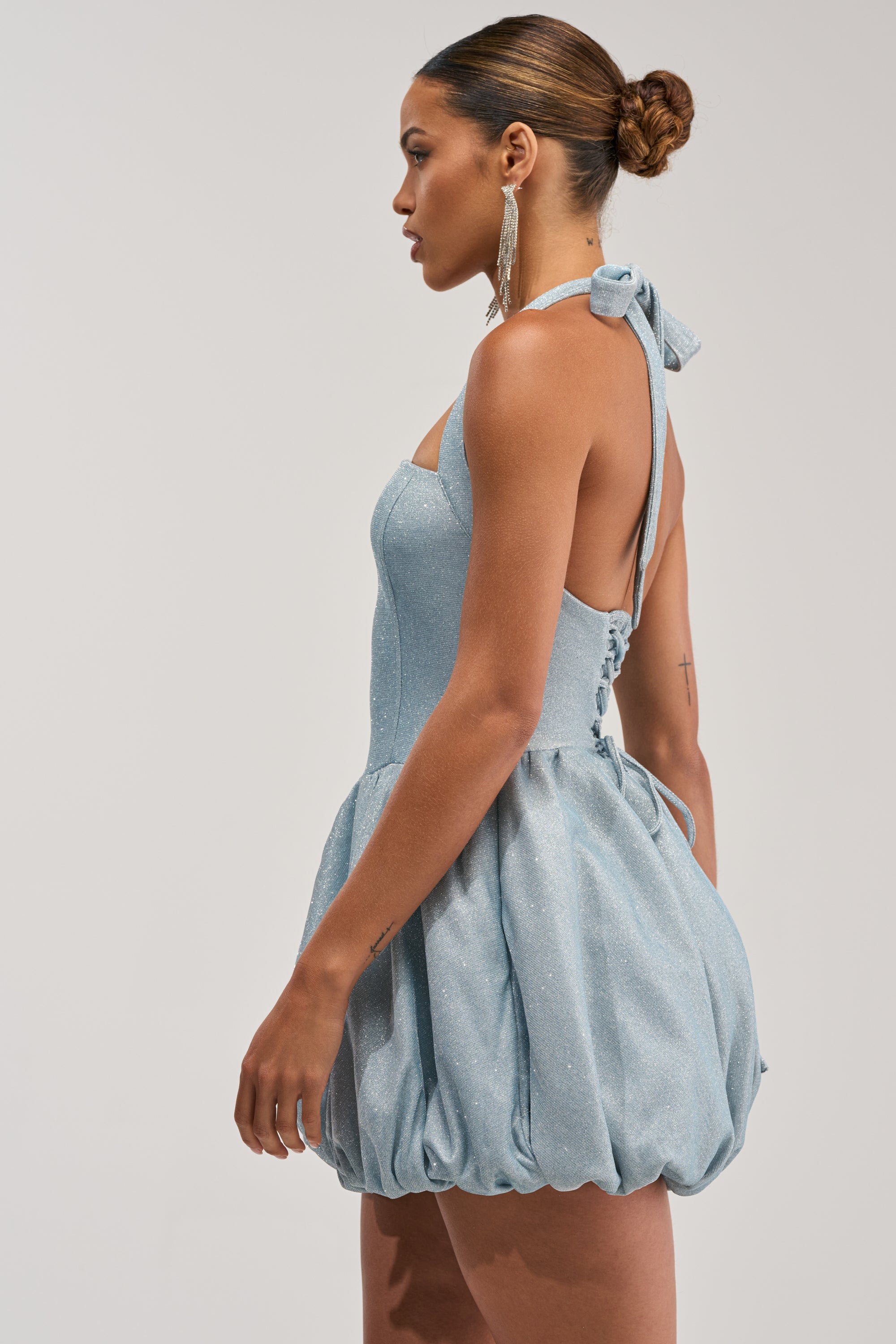 GLISTEN UP SHIMMER HALTER MINI DRESS