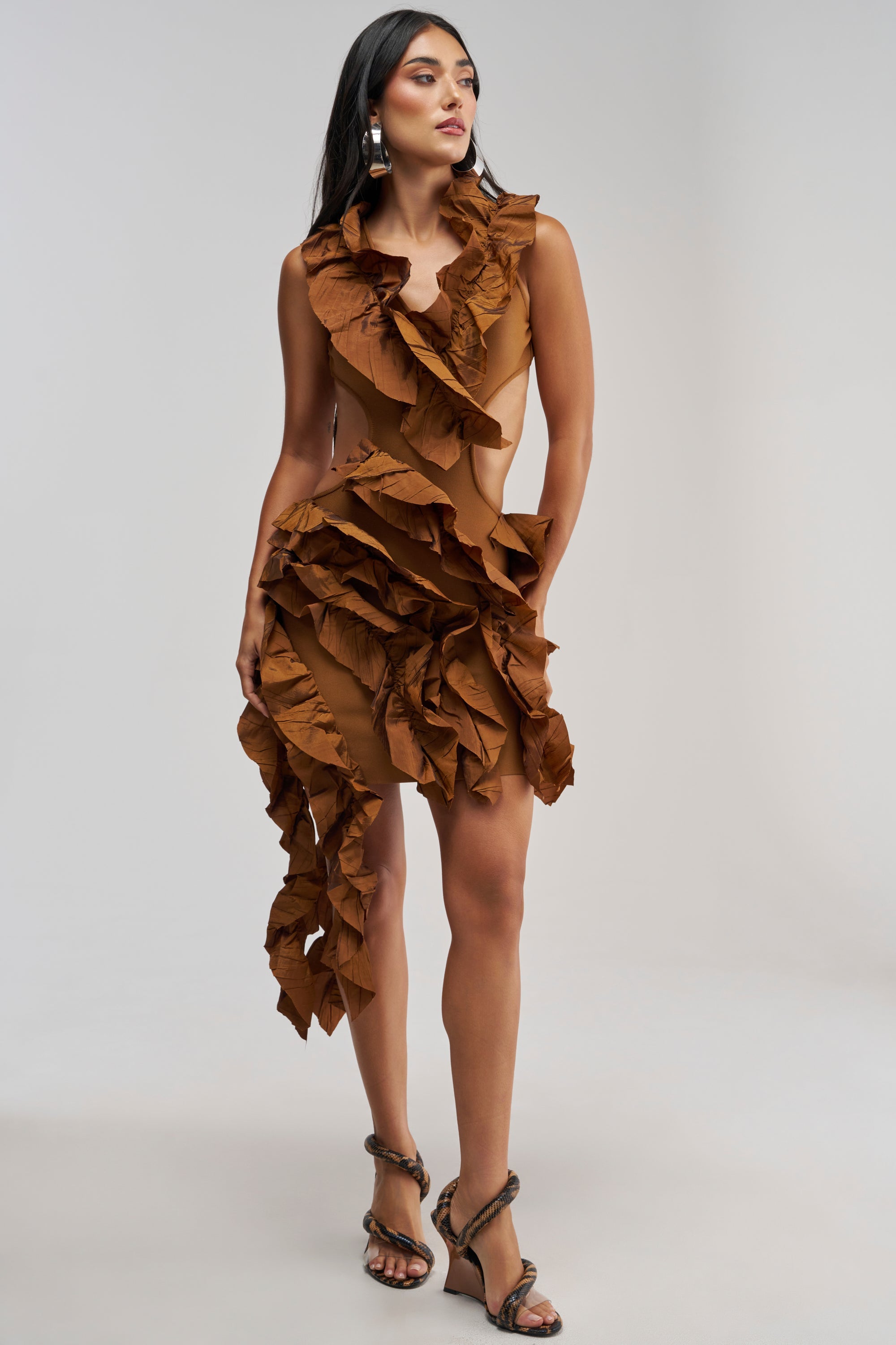 CRAZIER THAN YOUR EX FLOCKED MINI DRESS IN BROWN
