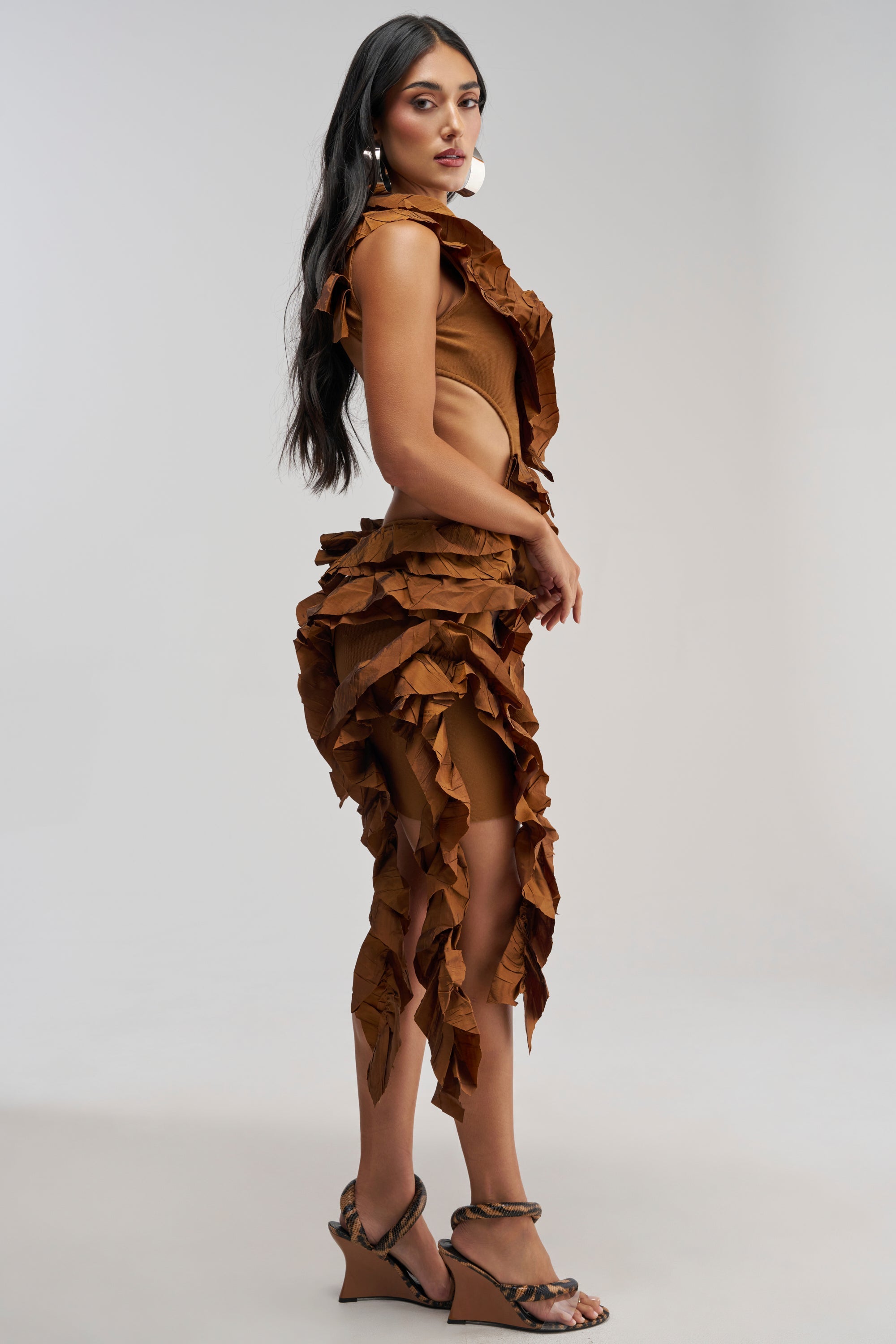 CRAZIER THAN YOUR EX FLOCKED MINI DRESS IN BROWN