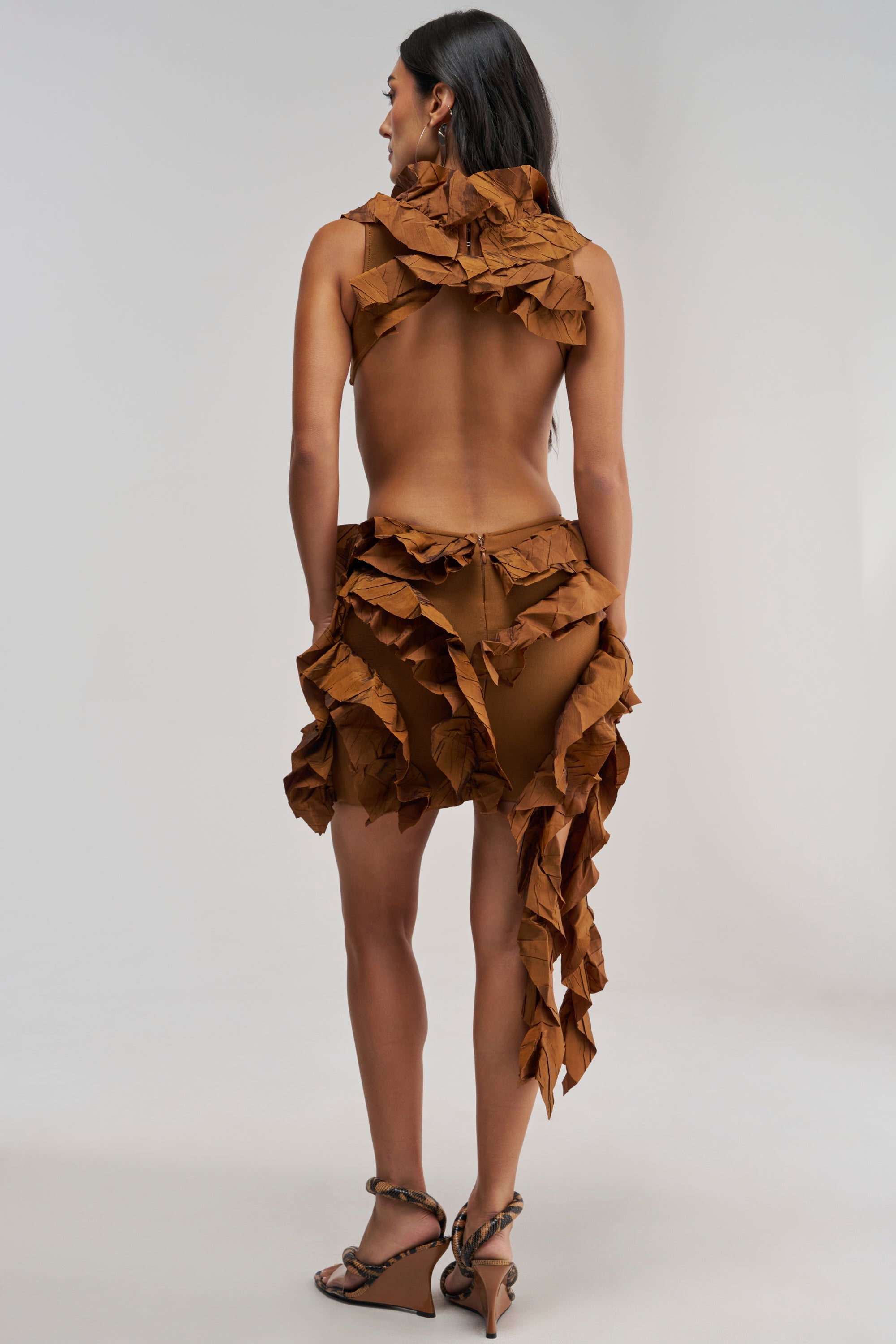 CRAZIER THAN YOUR EX FLOCKED MINI DRESS IN BROWN