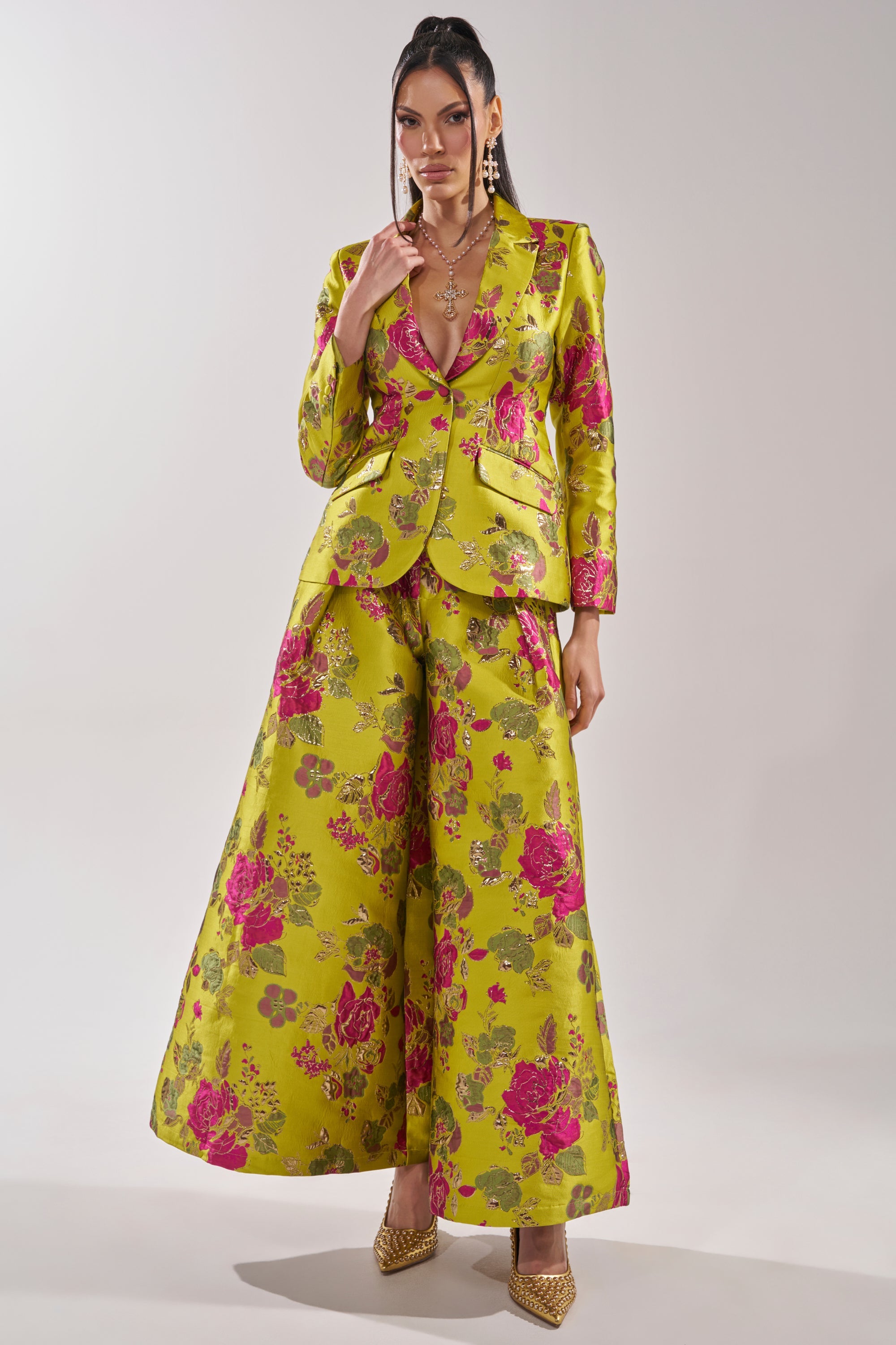 BUY MYSELF FLOWERS BROCADE TROUSER IN LIME