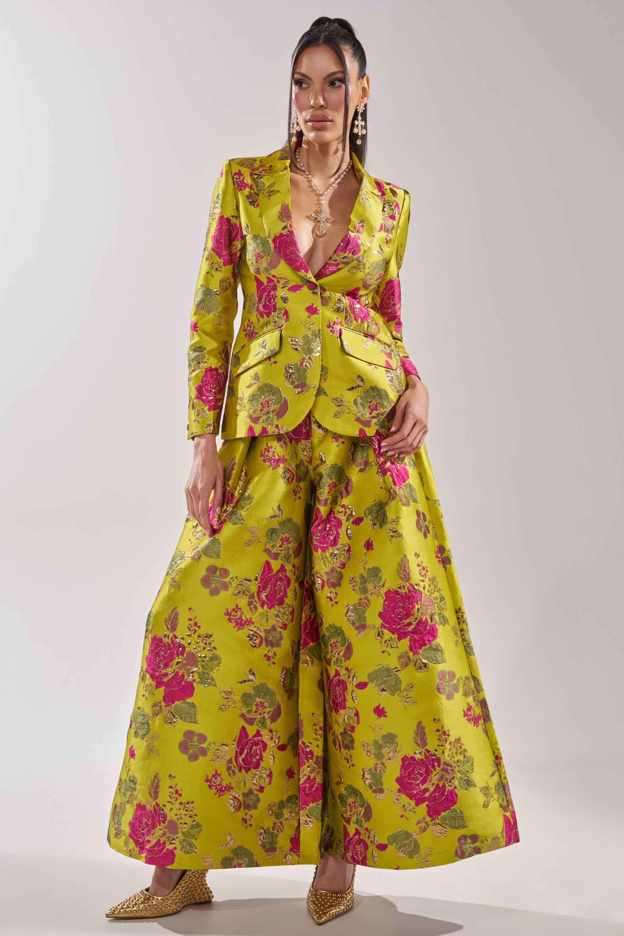 BUY MYSELF FLOWERS BROCADE TROUSER IN LIME