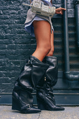 AZALEA WANG ARACELI BLACK BELTED DETAIL WEDGE BOOT