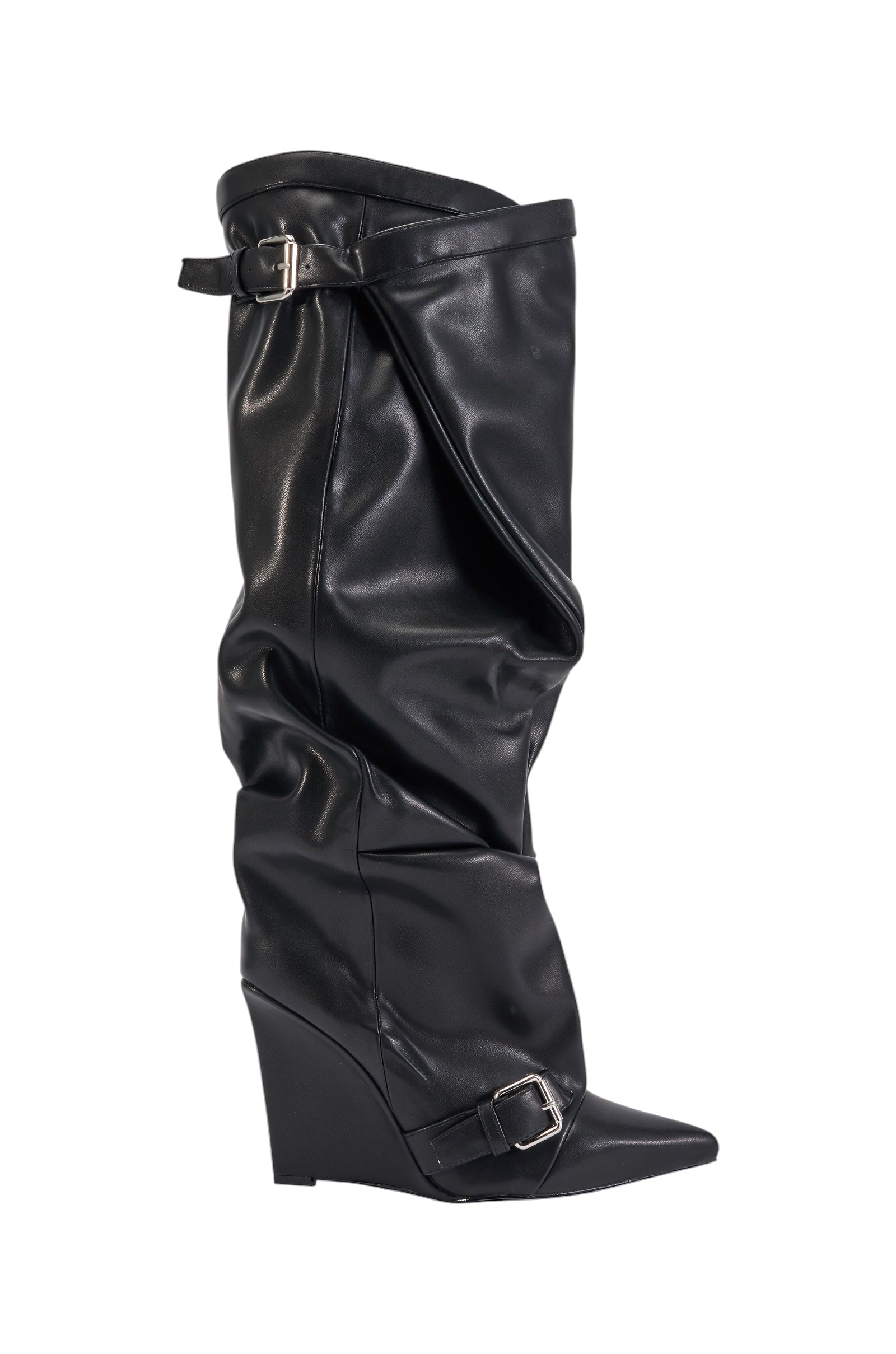 AZALEA WANG ARACELI BLACK BELTED DETAIL WEDGE BOOT