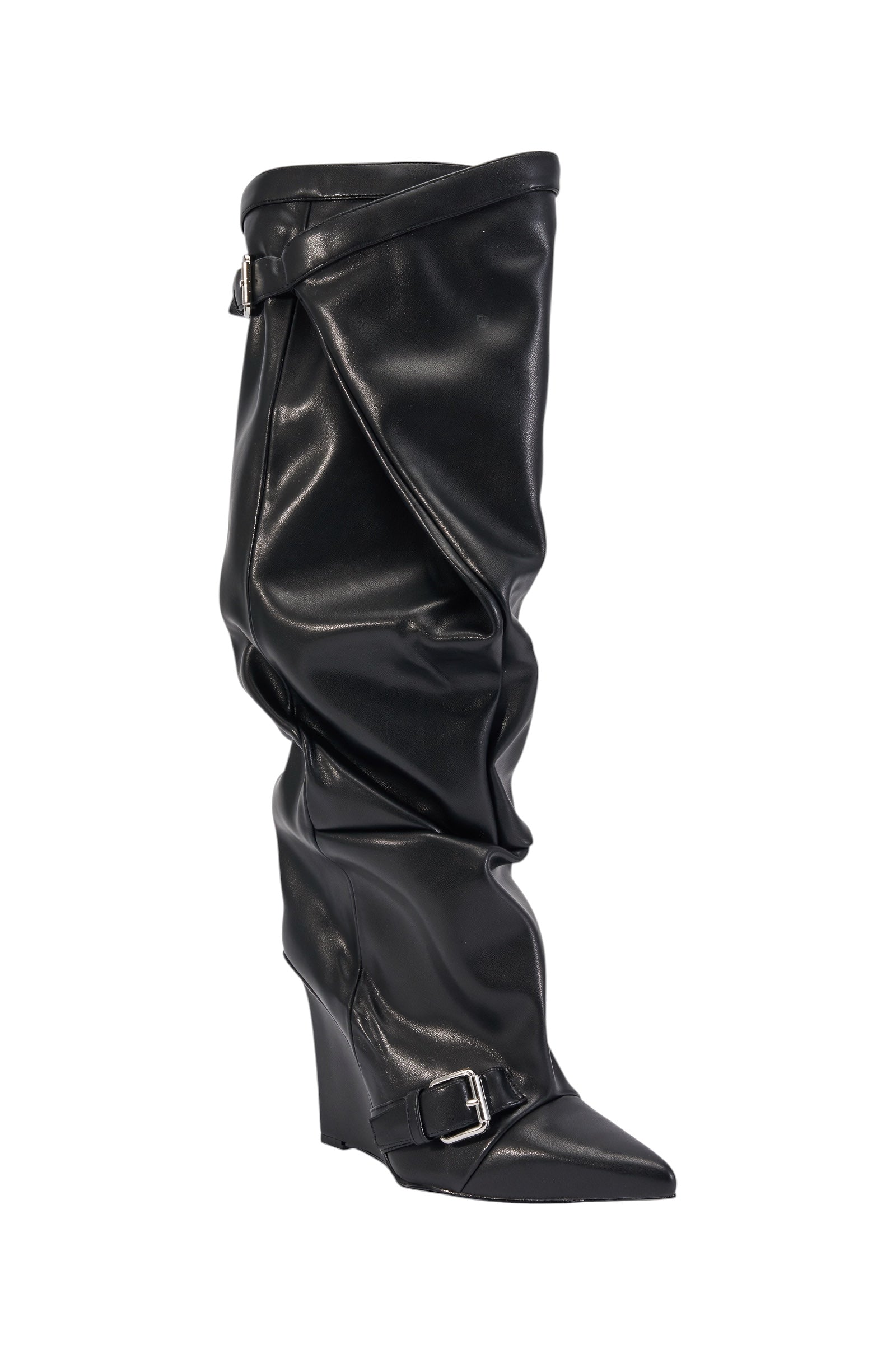 AZALEA WANG ARACELI BLACK BELTED DETAIL WEDGE BOOT
