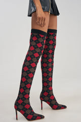 AZALEA WANG ARGYLE BROWN MULTI STRETCH STILETTO BOOT