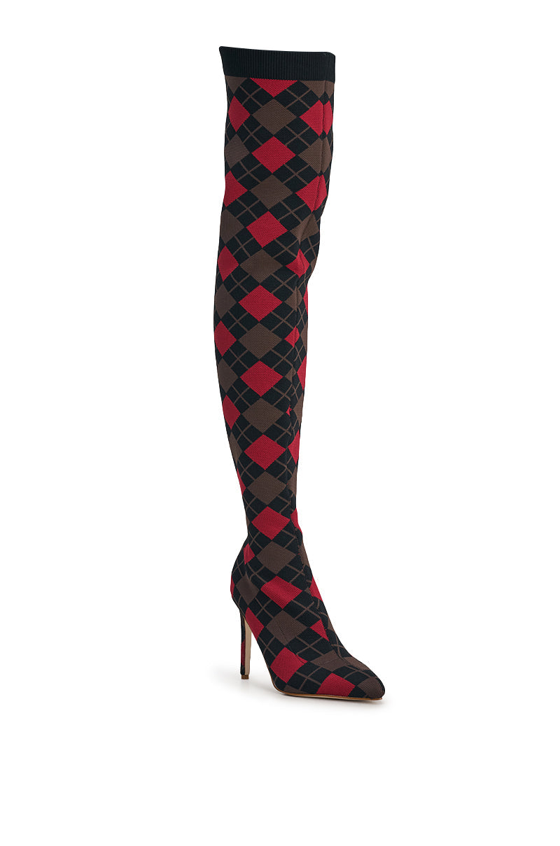 AZALEA WANG ARGYLE BROWN MULTI STRETCH STILETTO BOOT