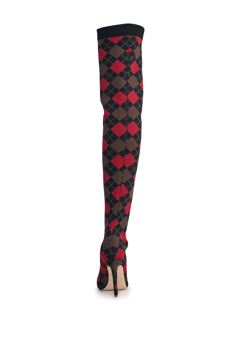 AZALEA WANG ARGYLE BROWN MULTI STRETCH STILETTO BOOT