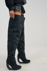 AZALEA WANG ASA BLACK SNAKE OPEN WEDGE THIGH HIGH BOOT