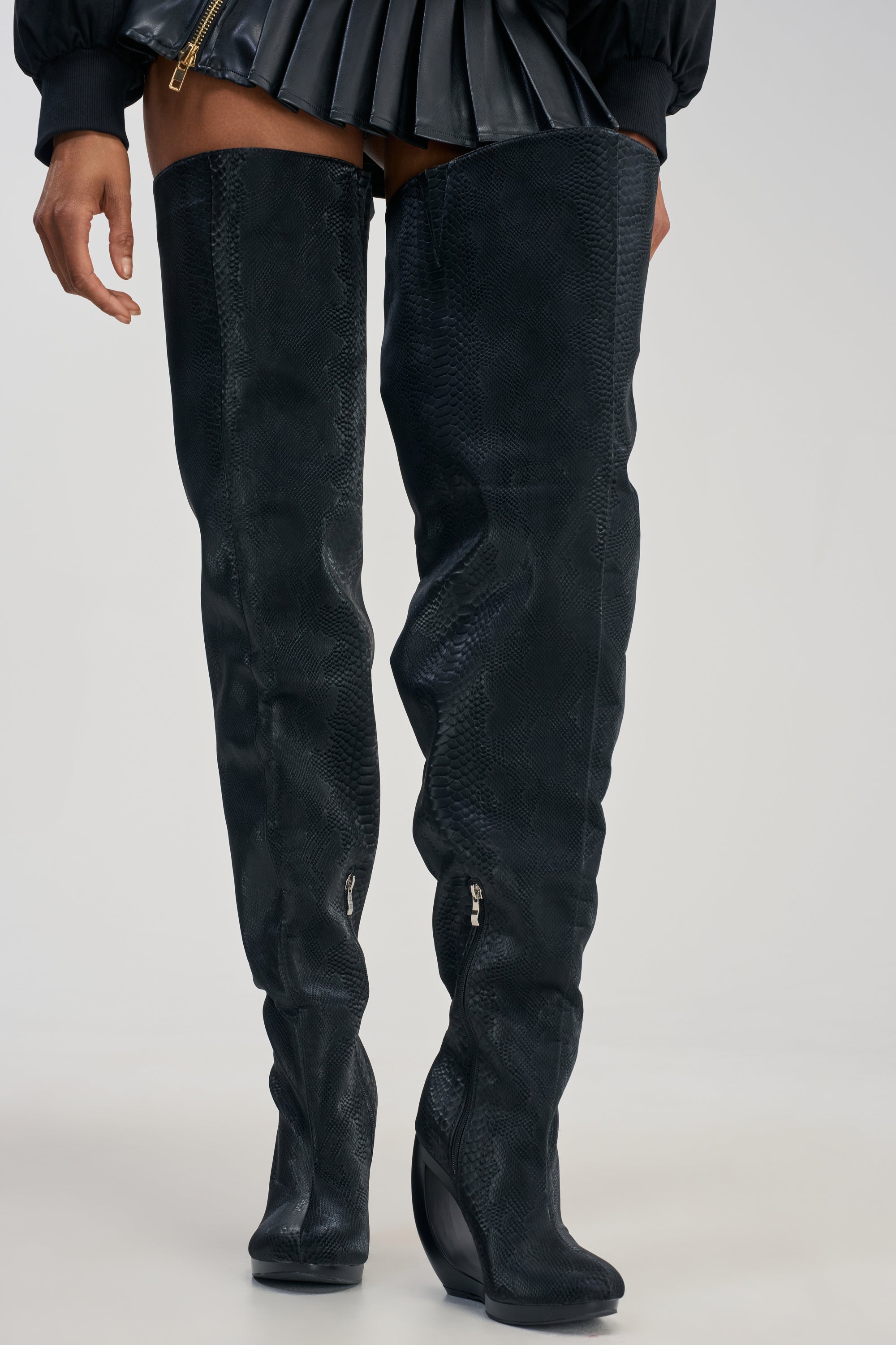 AZALEA WANG ASA BLACK SNAKE OPEN WEDGE THIGH HIGH BOOT
