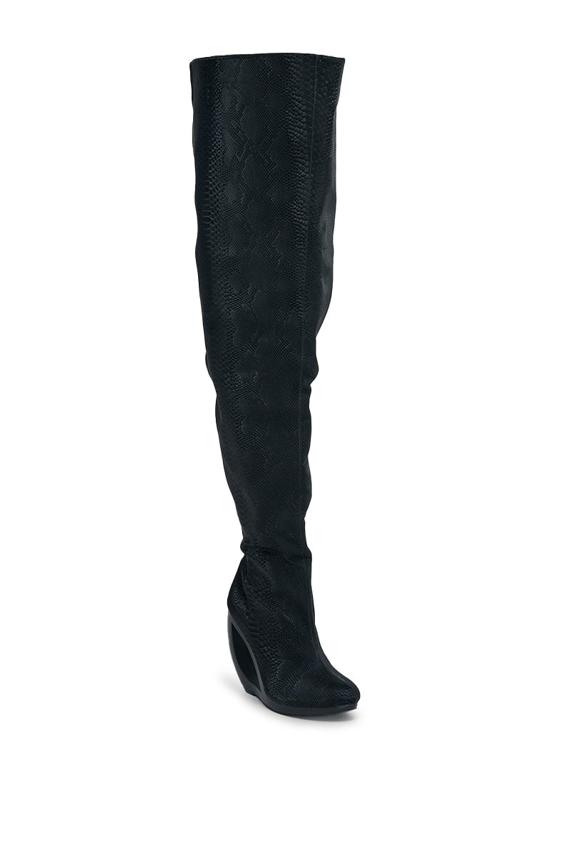 AZALEA WANG ASA BLACK SNAKE OPEN WEDGE THIGH HIGH BOOT