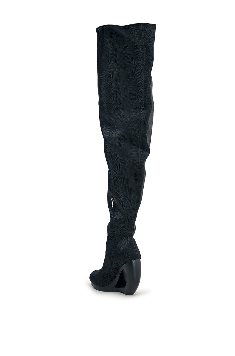 AZALEA WANG ASA BLACK SNAKE OPEN WEDGE THIGH HIGH BOOT