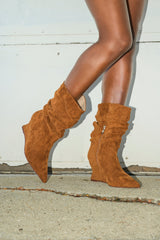 AZALEA WANG ASAF RUCHED WEDGE BOOTIE IN TAN