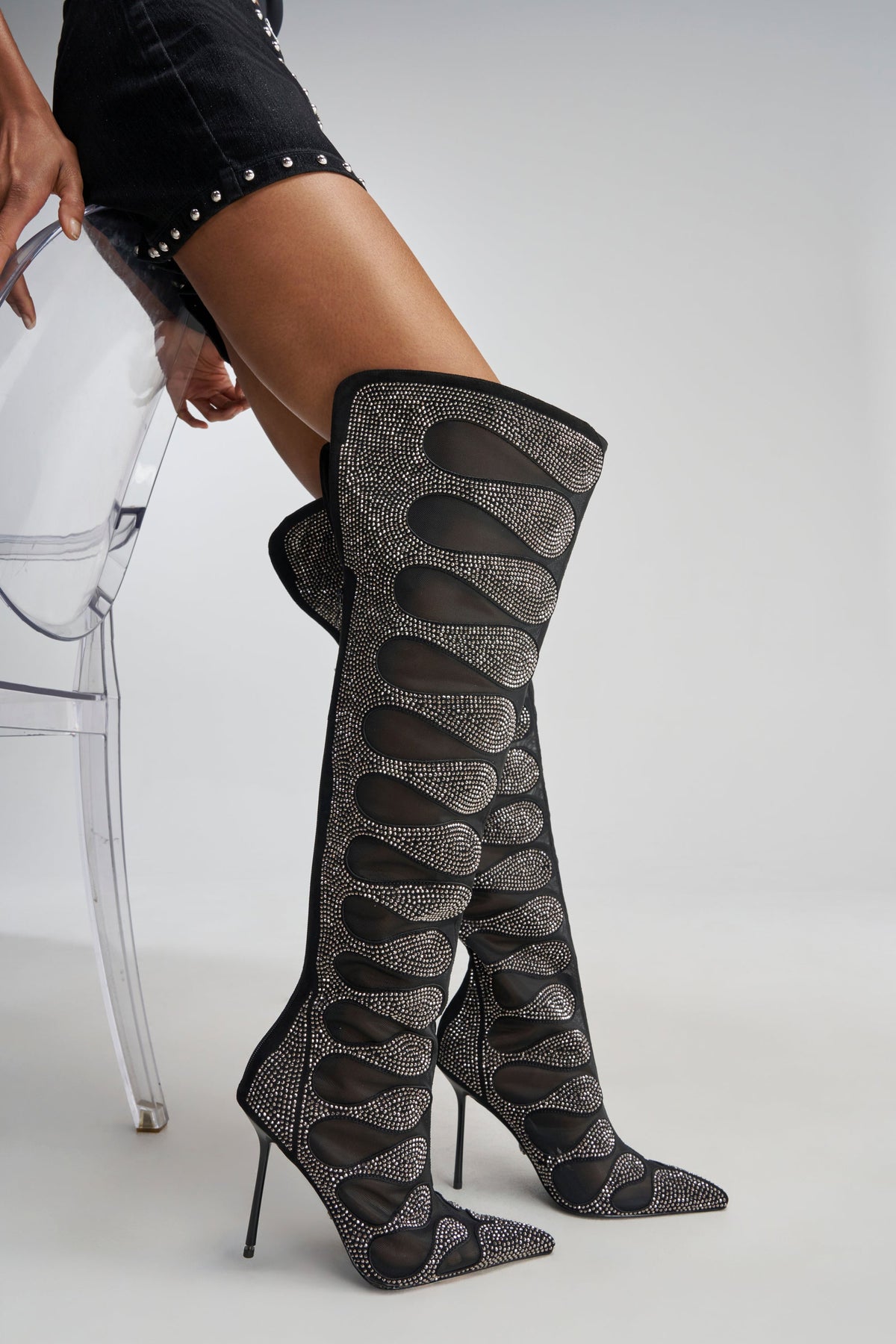 AKIRA GOLD AVENRA BLACK RHINESTONE THIGH HIGH STILETTO BOOT