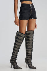 AKIRA GOLD AVENRA BLACK RHINESTONE THIGH HIGH STILETTO BOOT