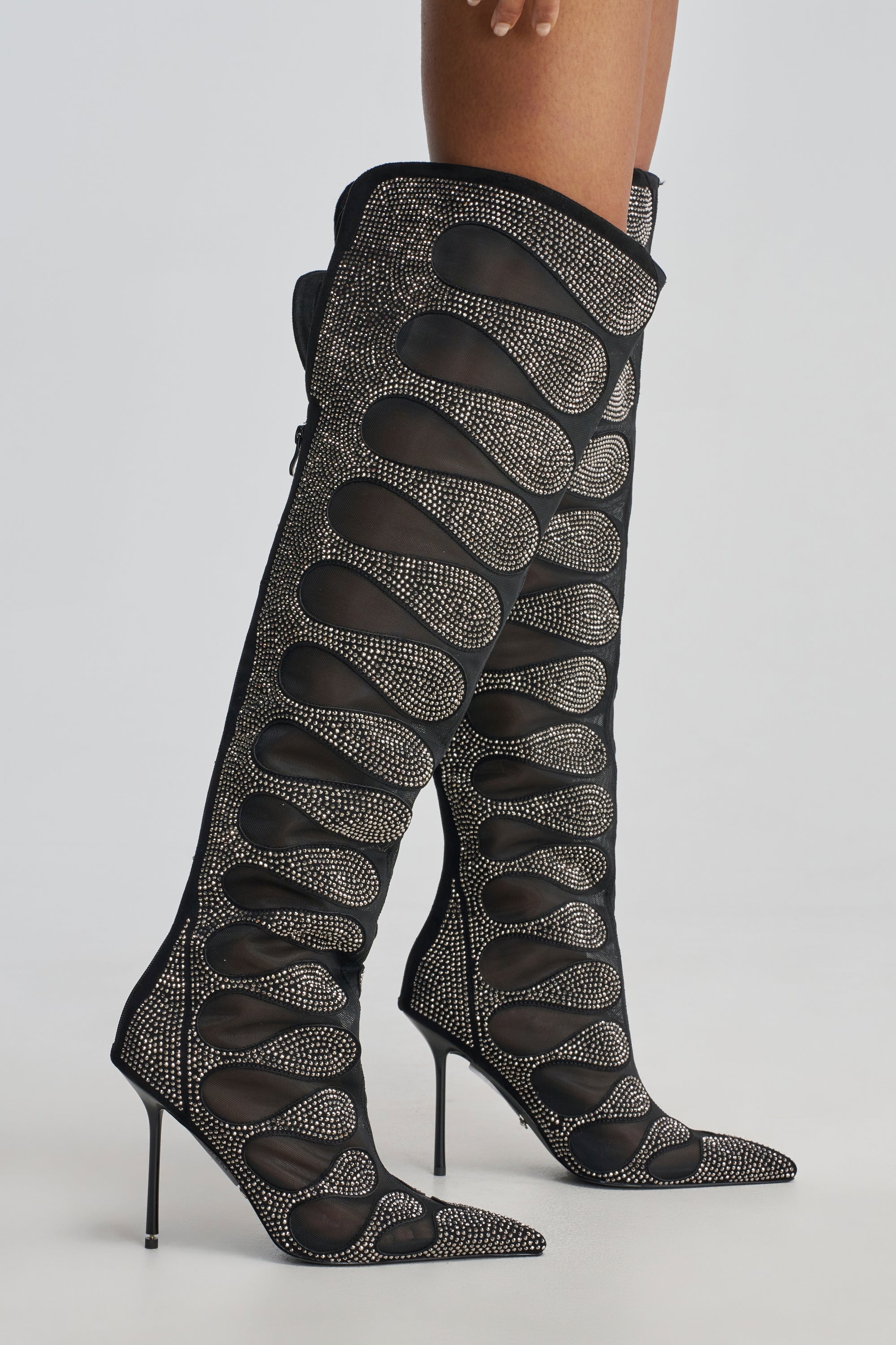 AKIRA GOLD AVENRA BLACK RHINESTONE THIGH HIGH STILETTO BOOT