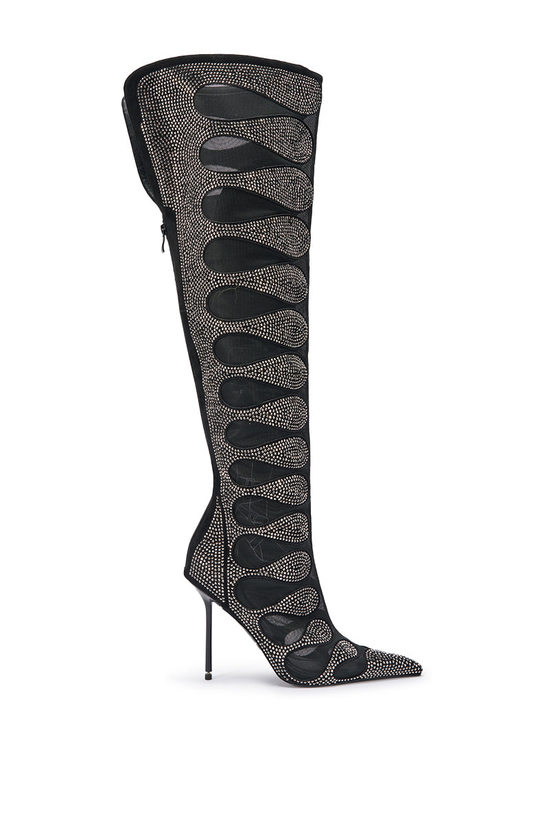 AKIRA GOLD AVENRA BLACK RHINESTONE THIGH HIGH STILETTO BOOT