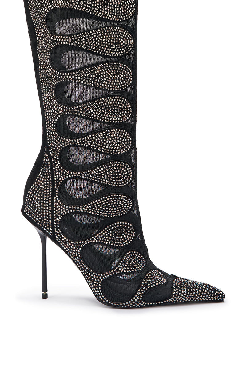 AKIRA GOLD AVENRA BLACK RHINESTONE THIGH HIGH STILETTO BOOT