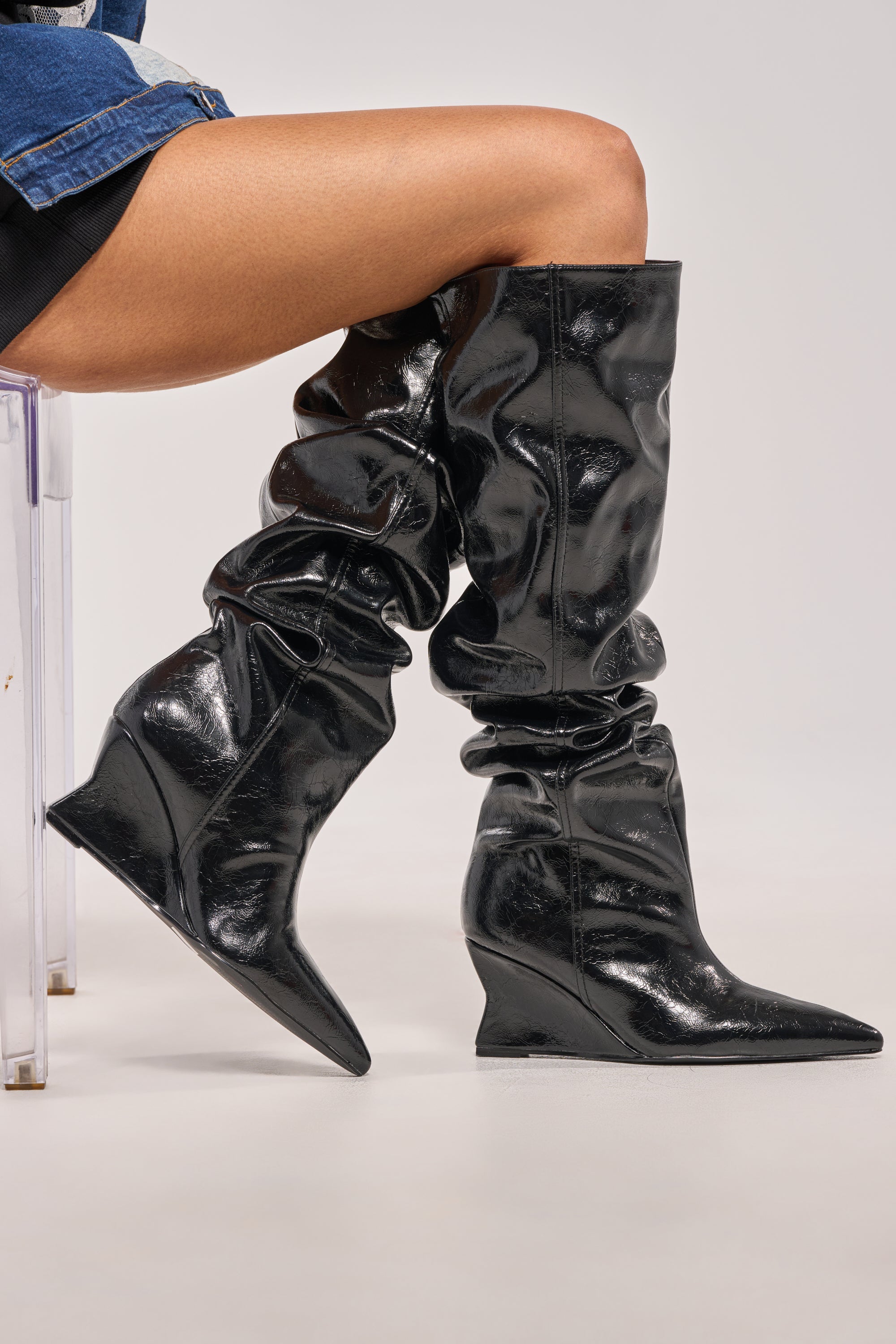 AZALEA WANG AVIELLE BLACK RUCHED BLACK WEDGE BOOT