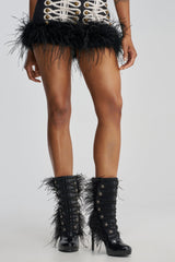 AZALEA WANG BANSHEE BLACK MILITARY AND FEATHER STILETTO BOOTIE
