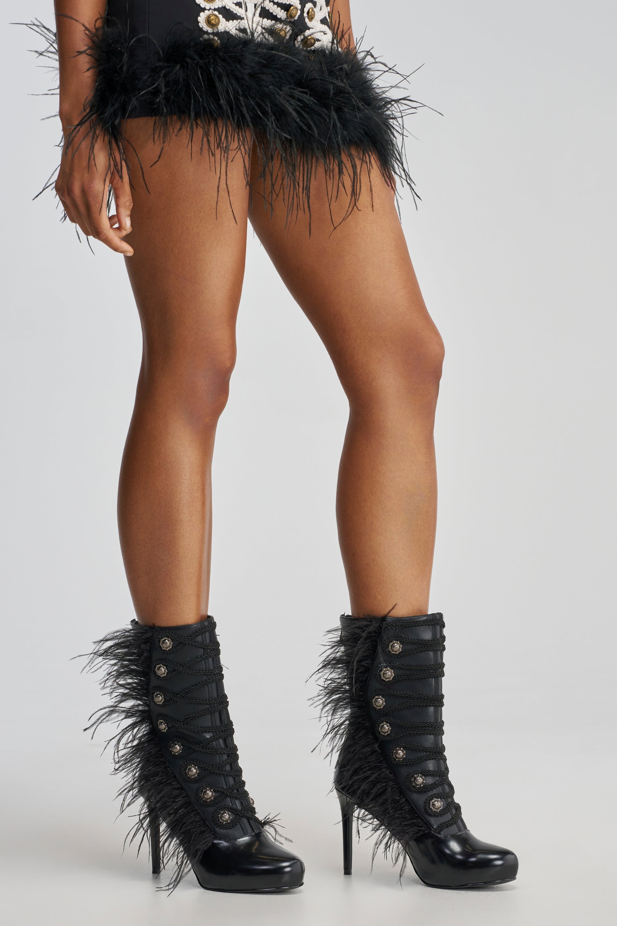 AZALEA WANG BANSHEE BLACK MILITARY AND FEATHER STILETTO BOOTIE