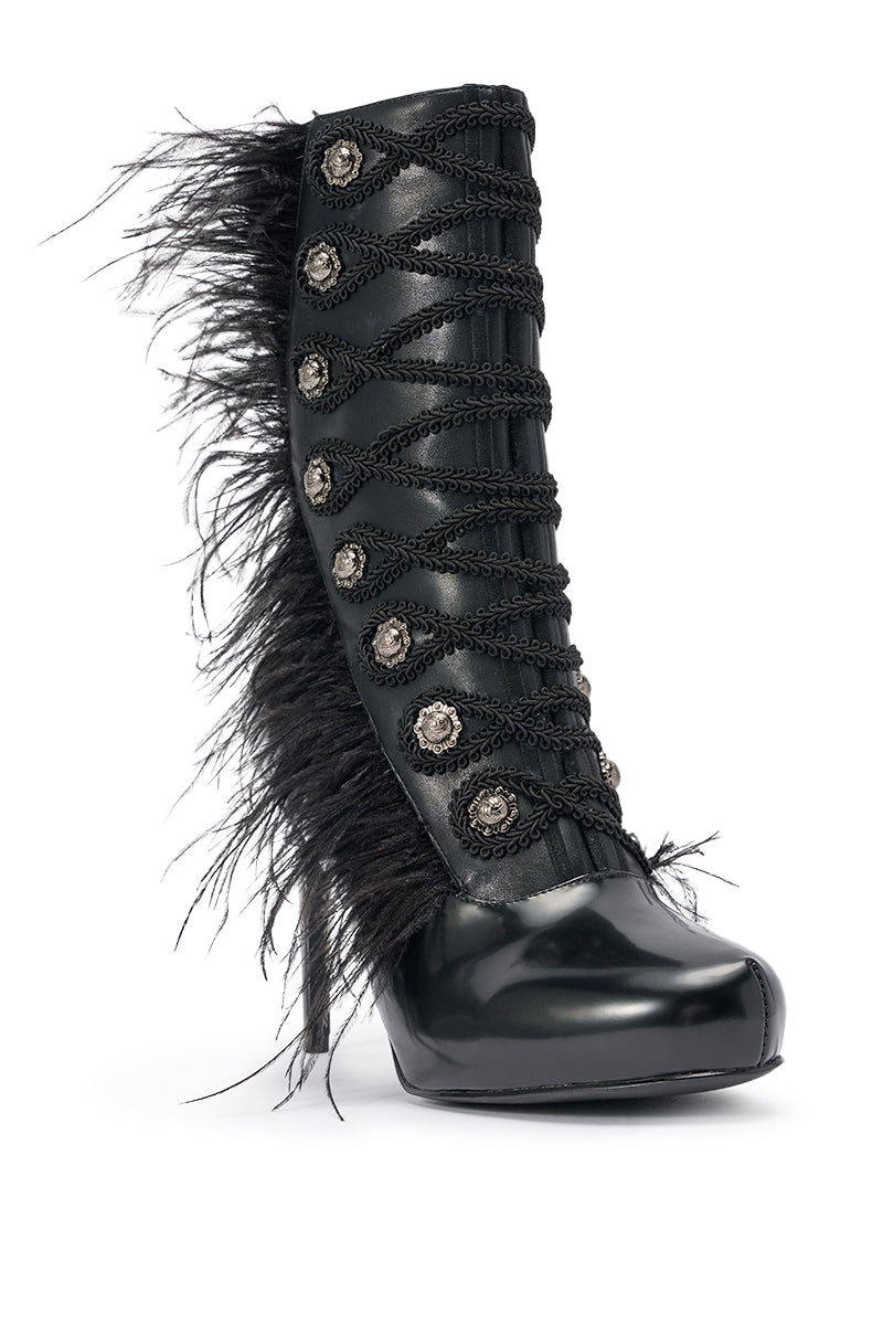 AZALEA WANG BANSHEE BLACK MILITARY AND FEATHER STILETTO BOOTIE