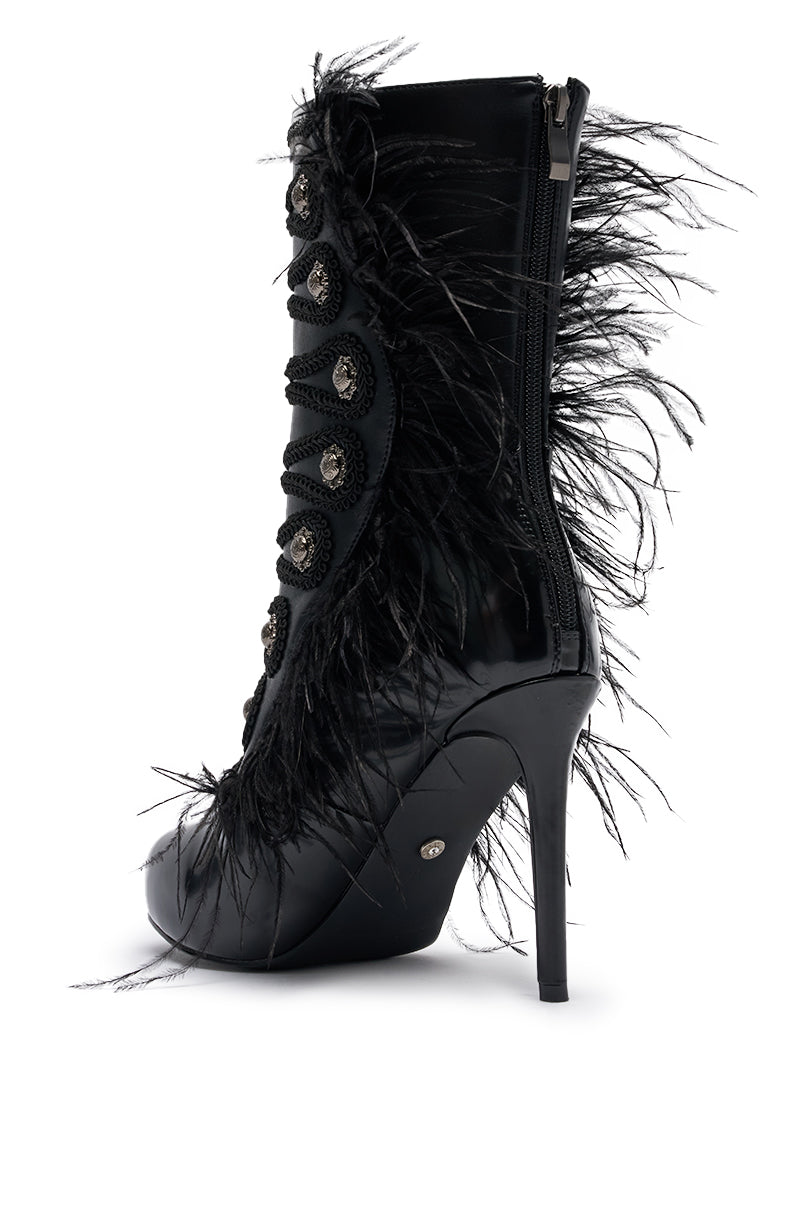 AZALEA WANG BANSHEE BLACK MILITARY AND FEATHER STILETTO BOOTIE