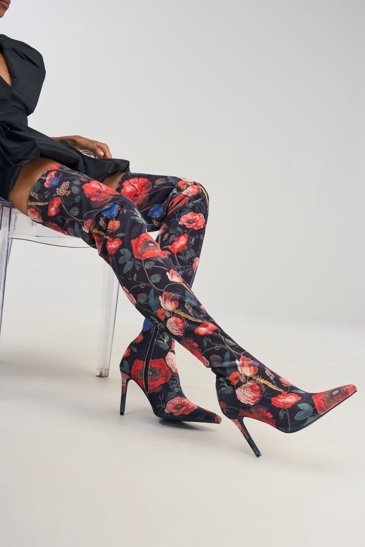 AZALEA WANG BERENICE BLACK FLORAL STILETTO BOOTS