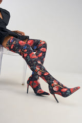 AZALEA WANG BERENICE BLACK FLORAL STILETTO BOOTS
