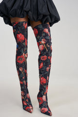AZALEA WANG BERENICE BLACK FLORAL STILETTO BOOTS