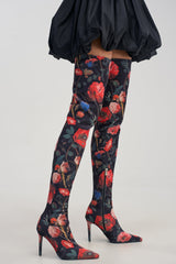 AZALEA WANG BERENICE BLACK FLORAL STILETTO BOOTS