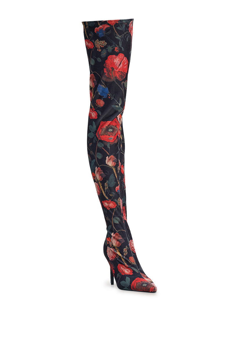 AZALEA WANG BERENICE BLACK FLORAL STILETTO BOOTS