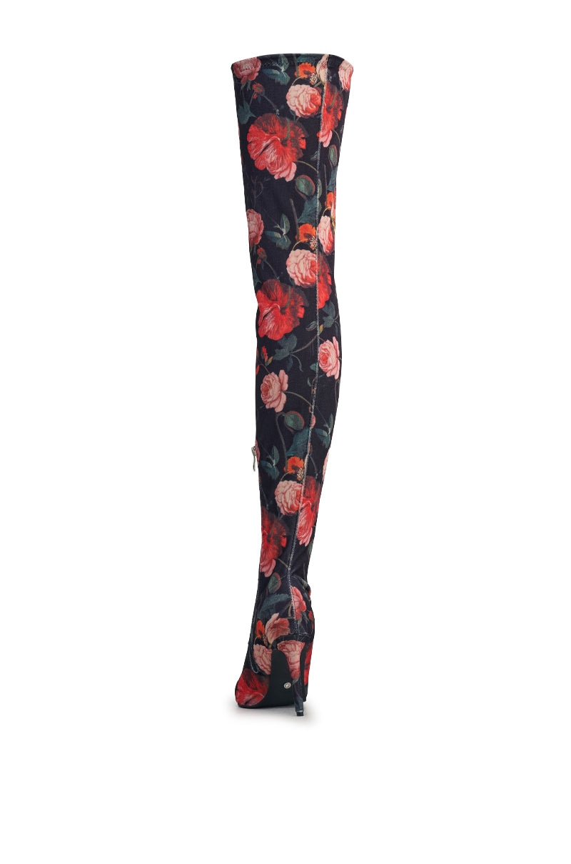 AZALEA WANG BERENICE BLACK FLORAL STILETTO BOOTS