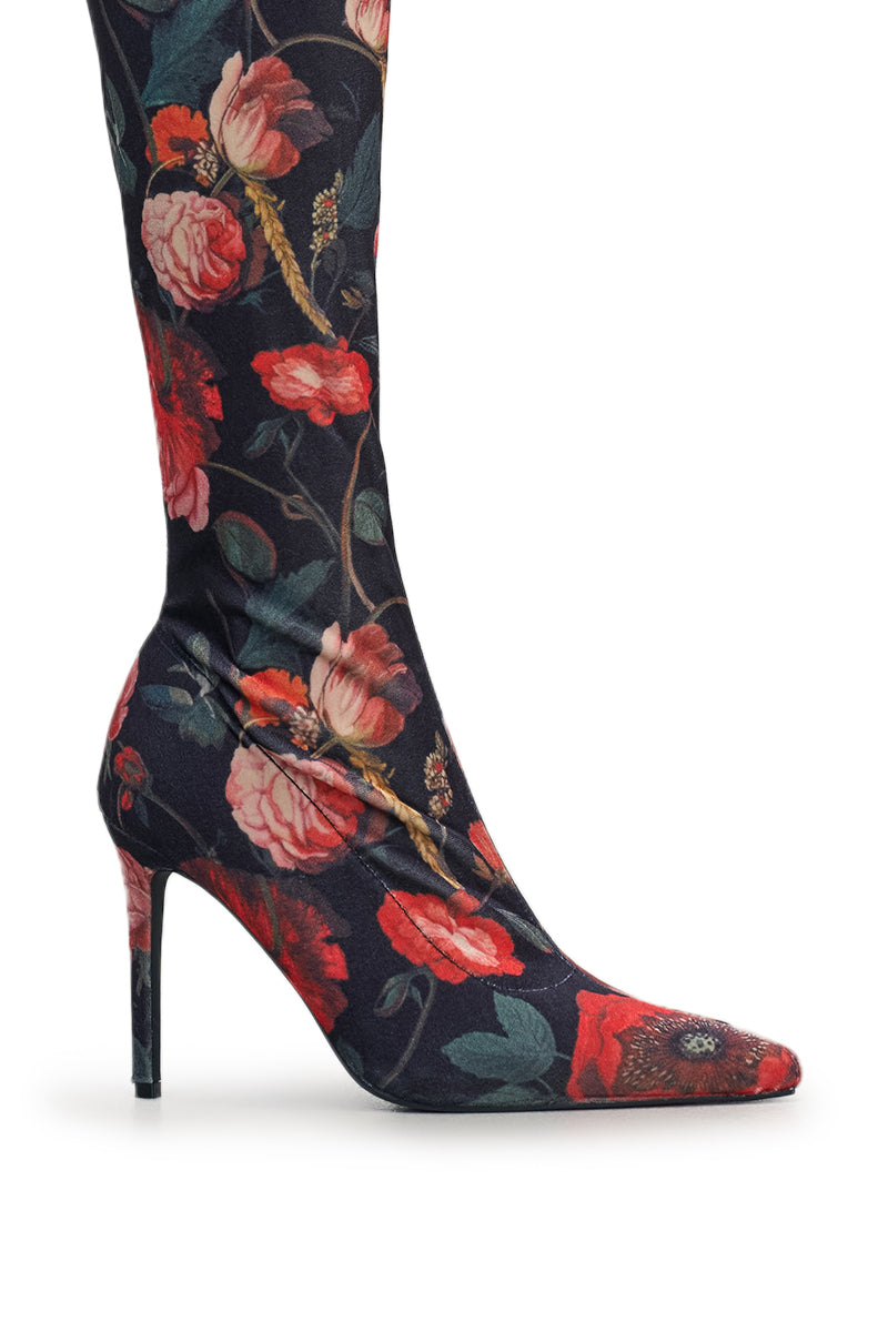 AZALEA WANG BERENICE BLACK FLORAL STILETTO BOOTS