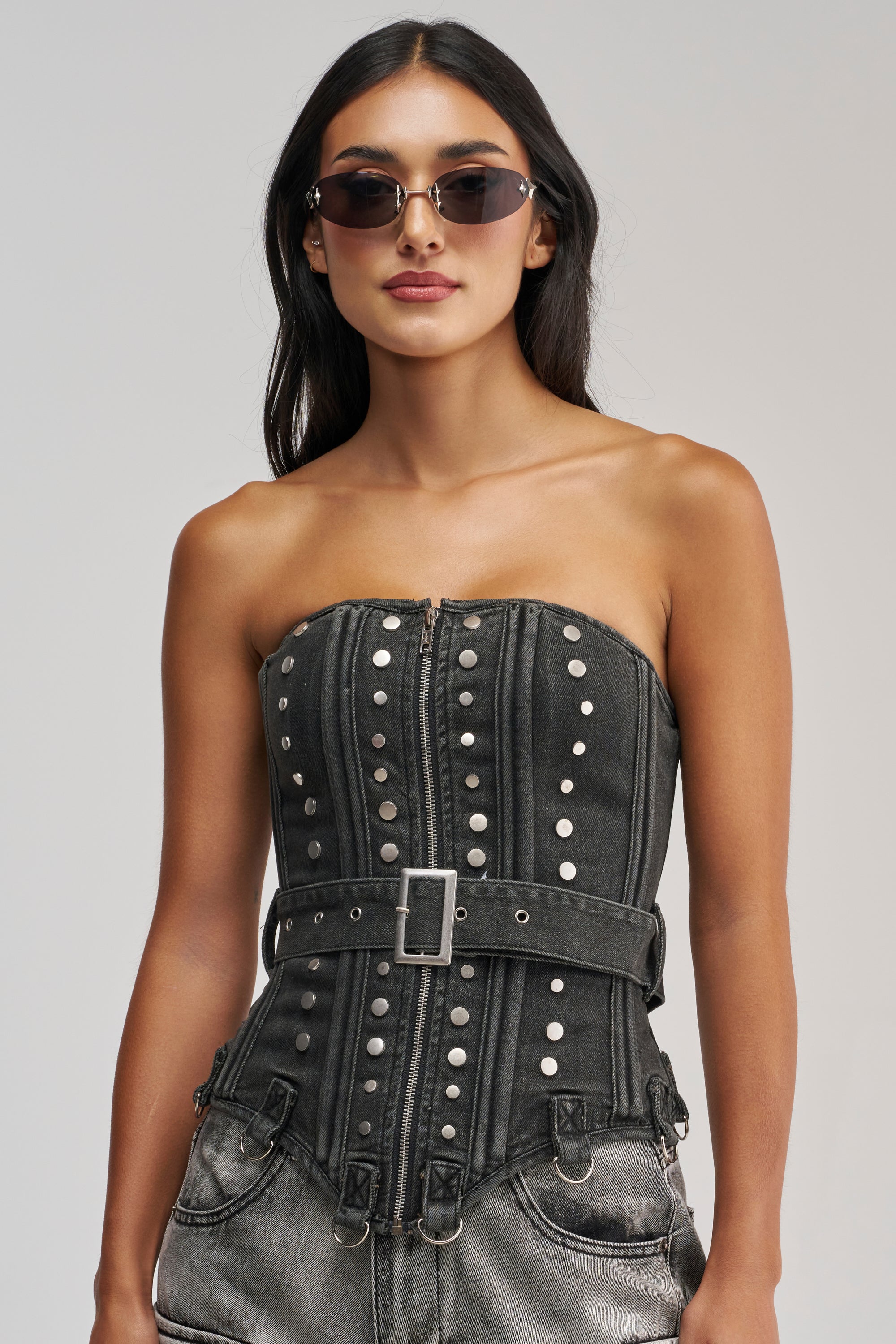 PERK UP STUDDED CORSET IN DENIM