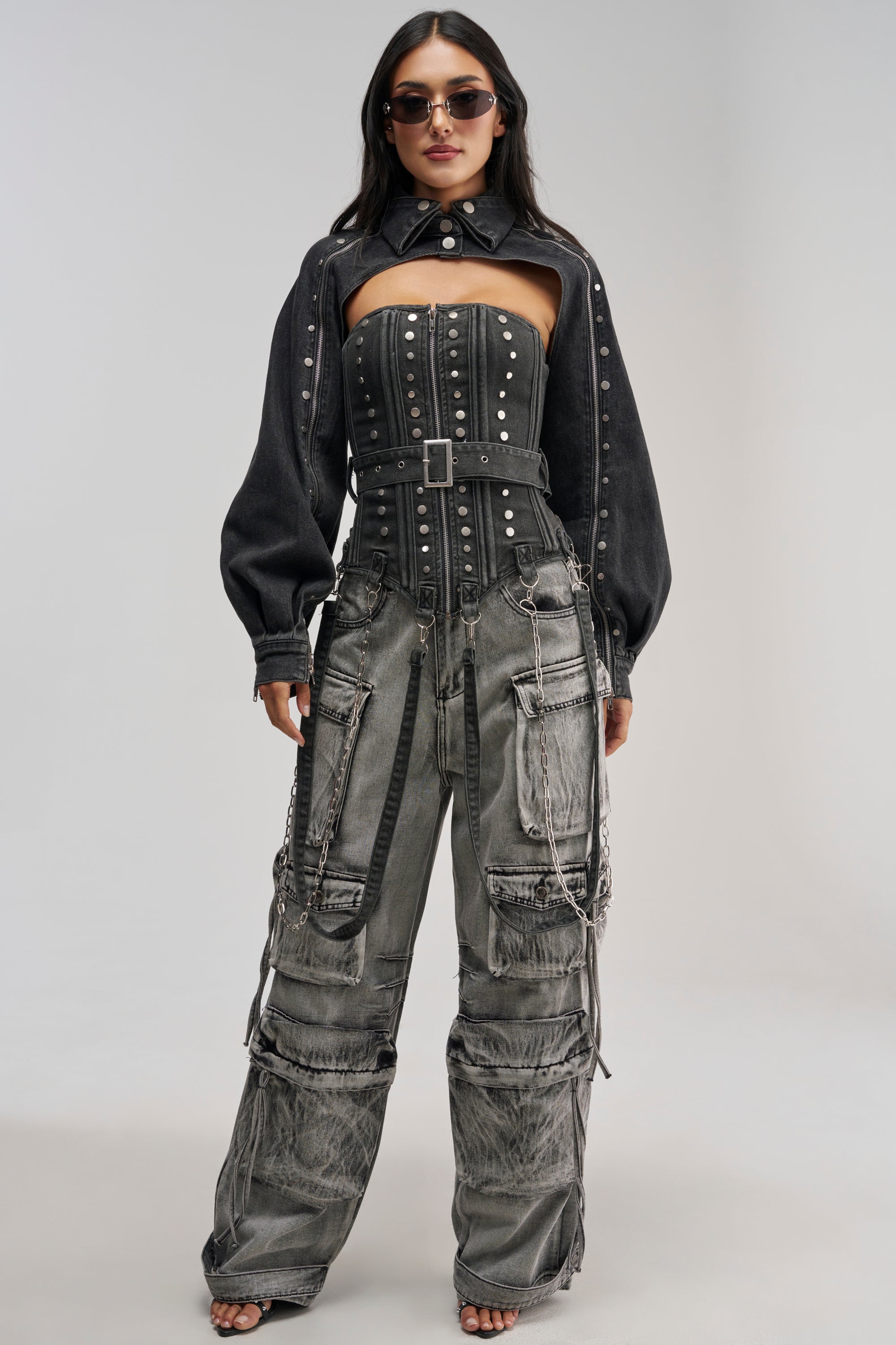 PERK UP STUDDED CORSET IN DENIM