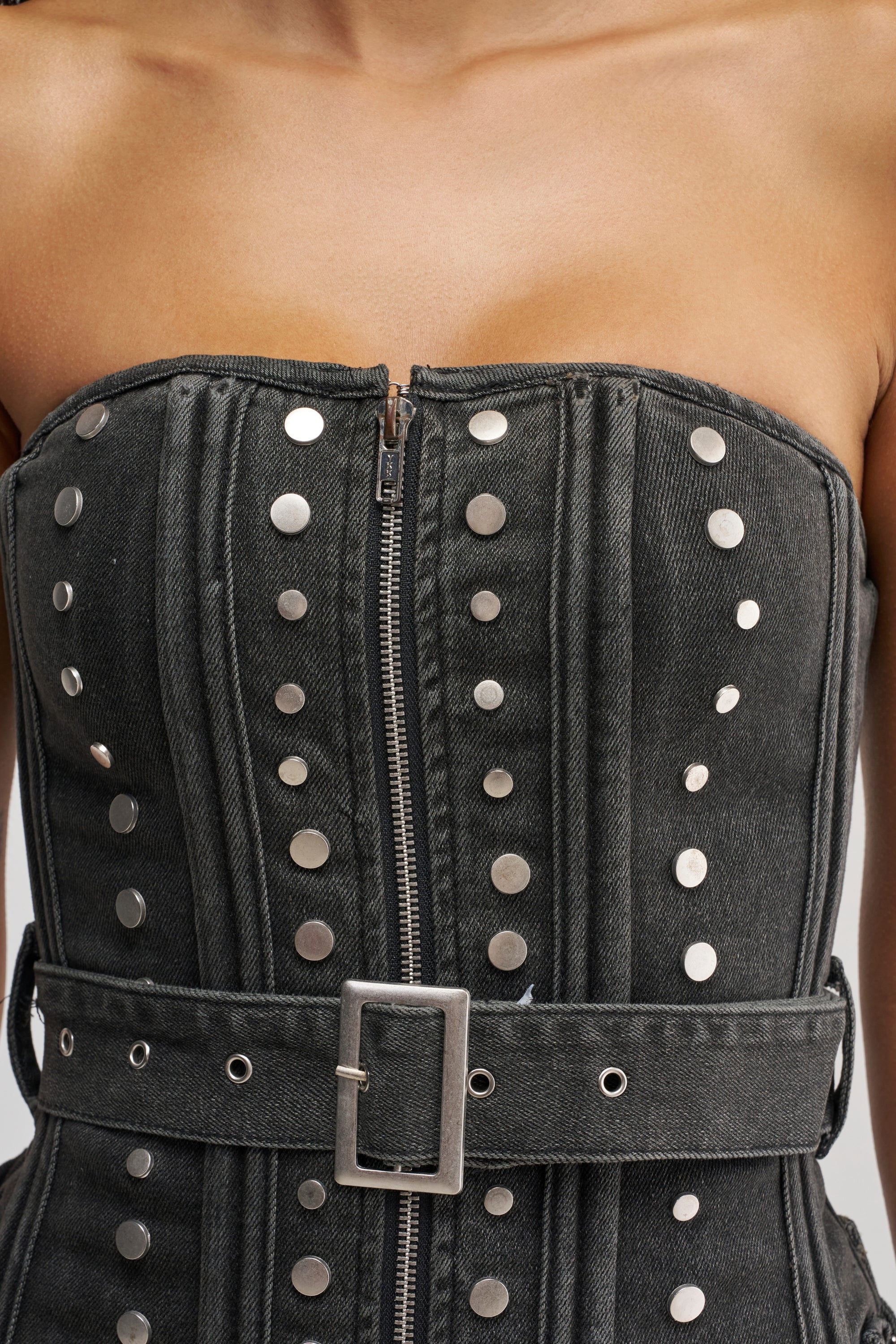 PERK UP STUDDED CORSET IN DENIM
