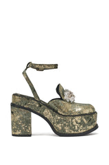 AZALEA WANG CARNEGIE GREEN MULTI BROCADE PLATFORM BLOCK HEEL STRAP PUMP