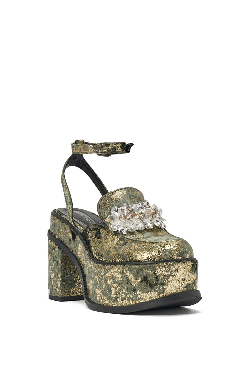 AZALEA WANG CARNEGIE GREEN MULTI BROCADE PLATFORM BLOCK HEEL STRAP PUMP