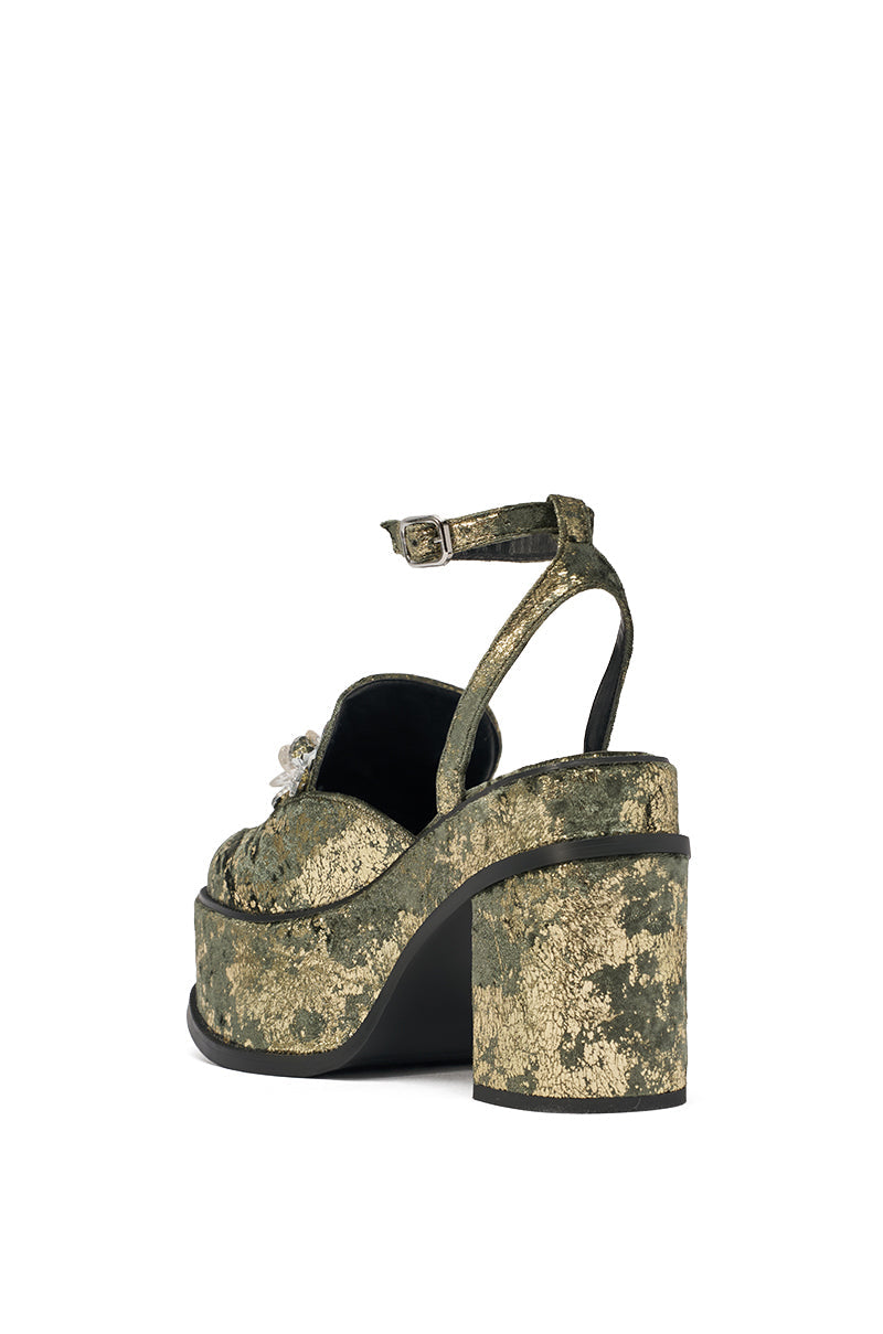 AZALEA WANG CARNEGIE GREEN MULTI BROCADE PLATFORM BLOCK HEEL STRAP PUMP