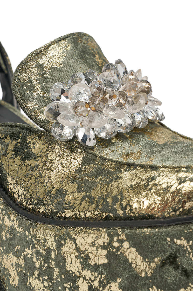 AZALEA WANG CARNEGIE GREEN MULTI BROCADE PLATFORM BLOCK HEEL STRAP PUMP