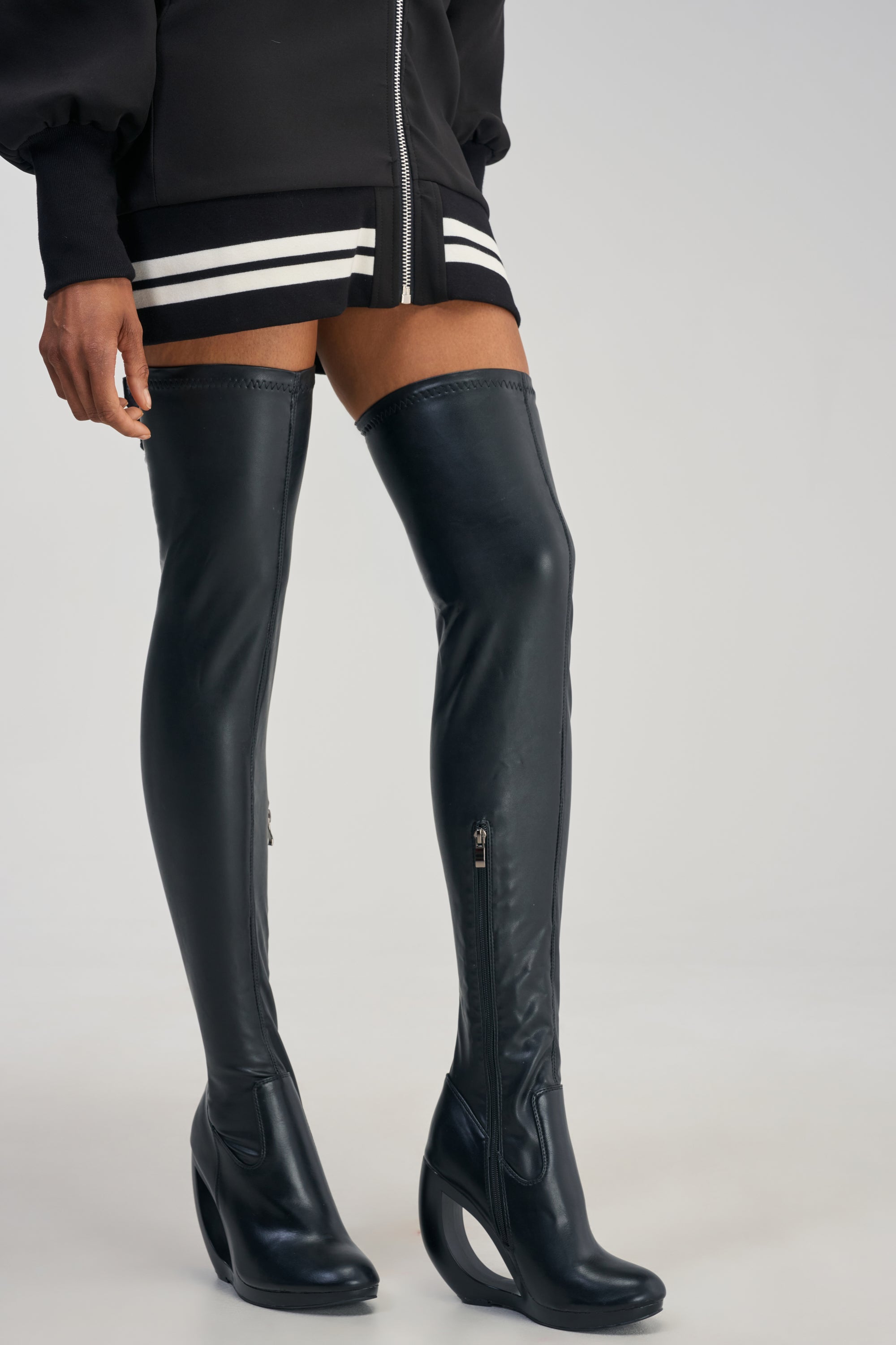 AZALEA WANG CARSON BLACK 4 WAY STRETCH PU OVER THE KNEE OPEN WEDGE BOOT