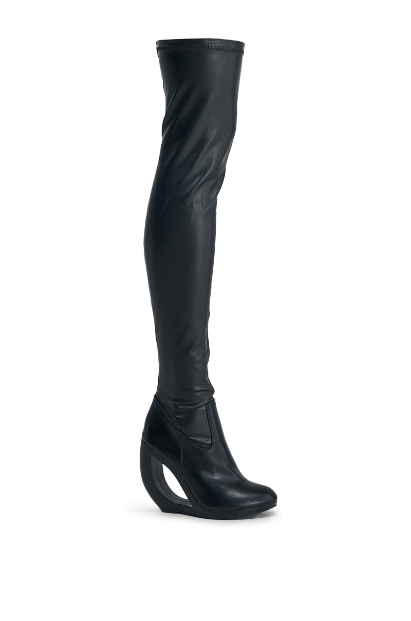 AZALEA WANG CARSON BLACK 4 WAY STRETCH PU OVER THE KNEE OPEN WEDGE BOOT