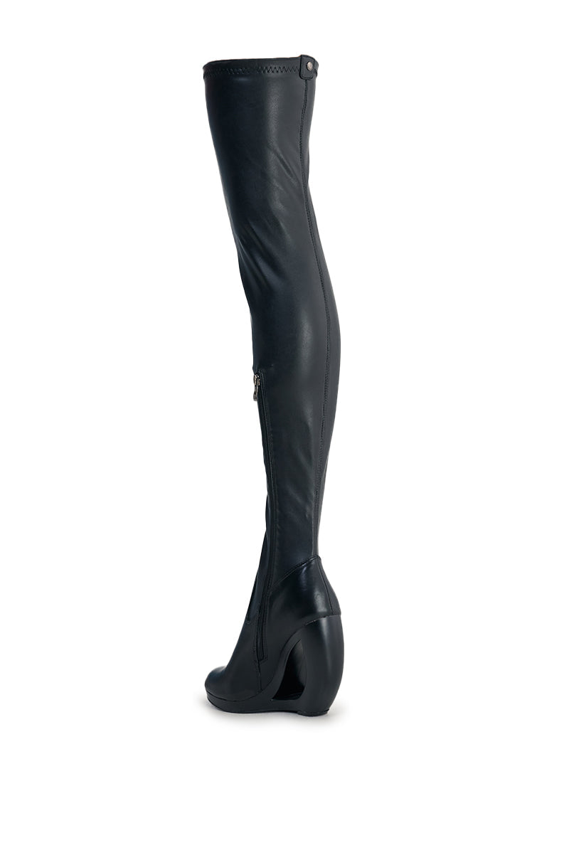 AZALEA WANG CARSON BLACK 4 WAY STRETCH PU OVER THE KNEE OPEN WEDGE BOOT