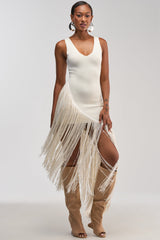 SHAKE IT FRINGE MIDI DRESS IN WHITE