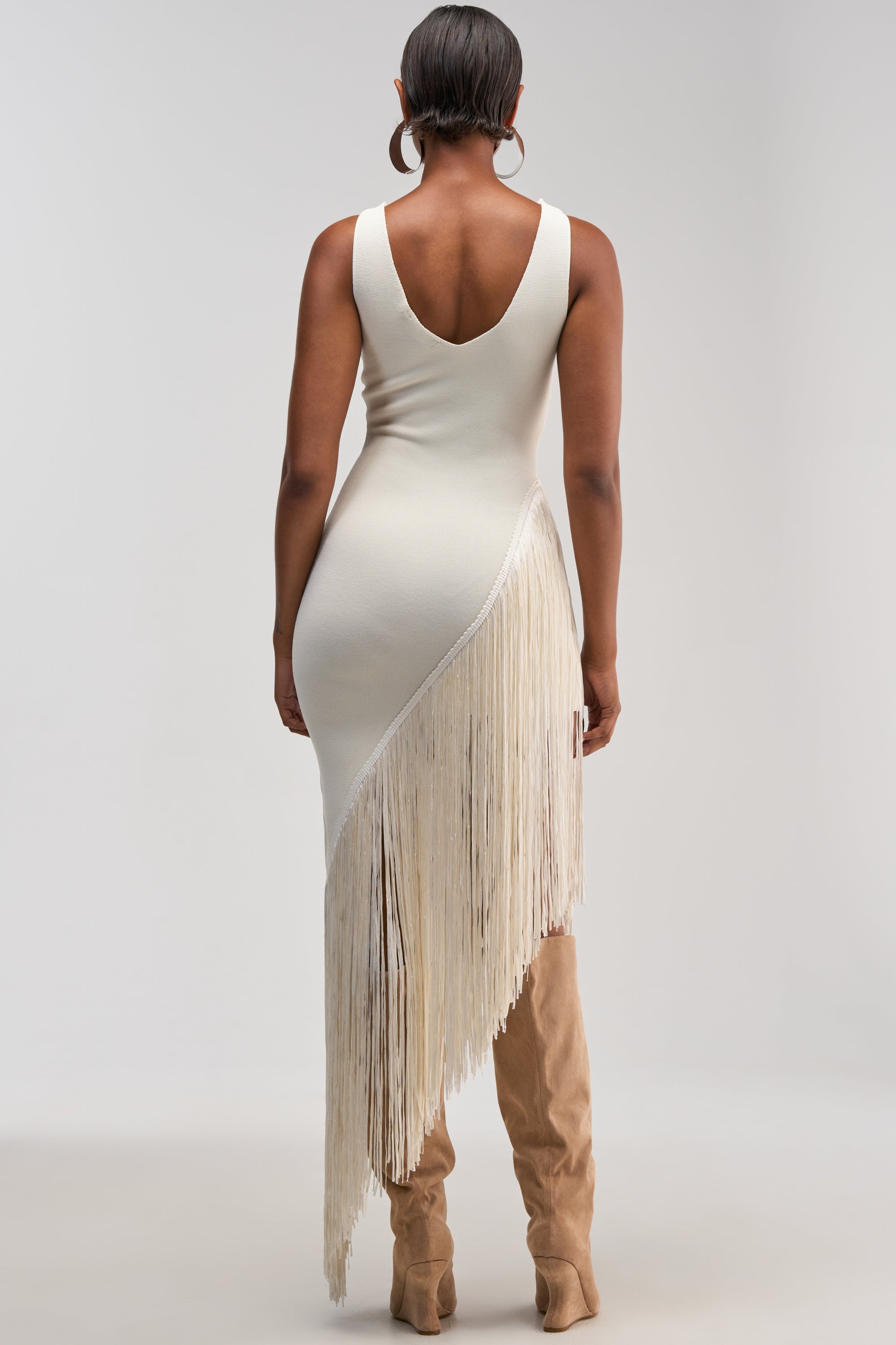 SHAKE IT FRINGE MIDI DRESS IN WHITE