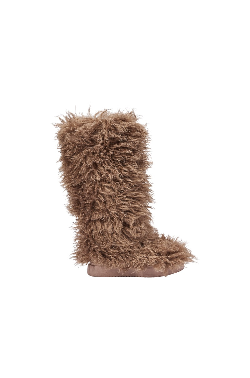 AZALEA WANG DENTON TAUPE KNEE HIGH FLAT FUR BOOT