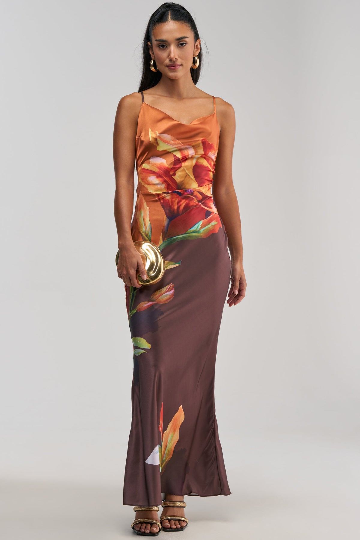 THE MAIN EVENT FLORAL SATIN MAXI DRESS IN ORANGE