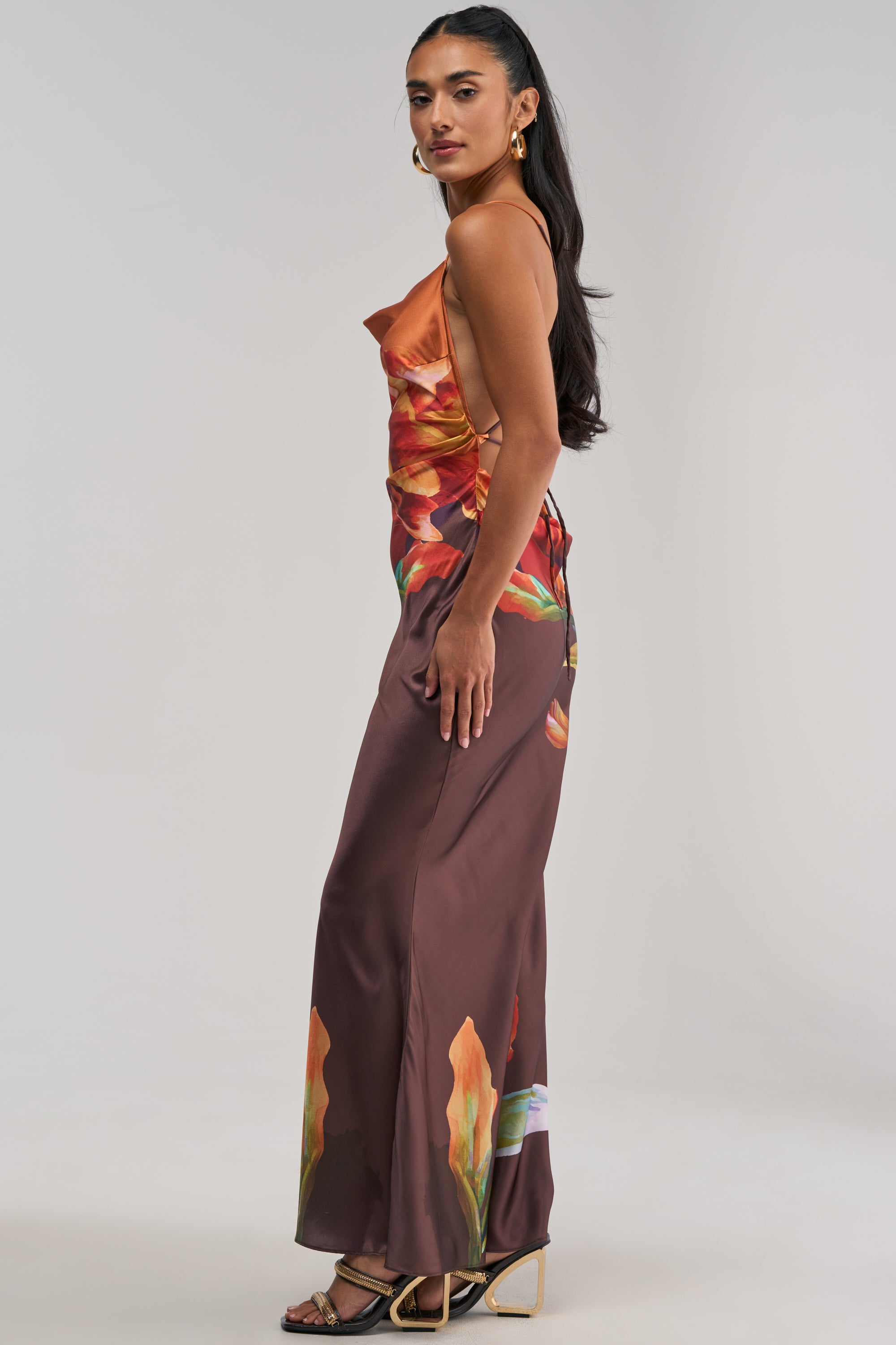 THE MAIN EVENT FLORAL SATIN MAXI DRESS IN ORANGE